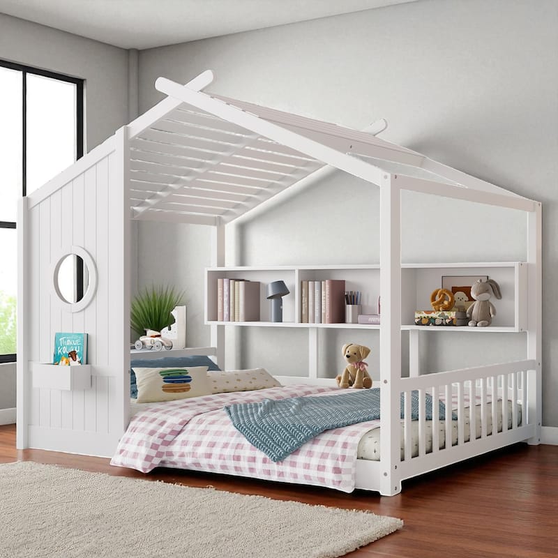 Twin/Full Montessori House Floor Bed with Roof, Storage Shelf, Low Profile Kids Bed, 6 in Mattress, 350/550 lb Capacity