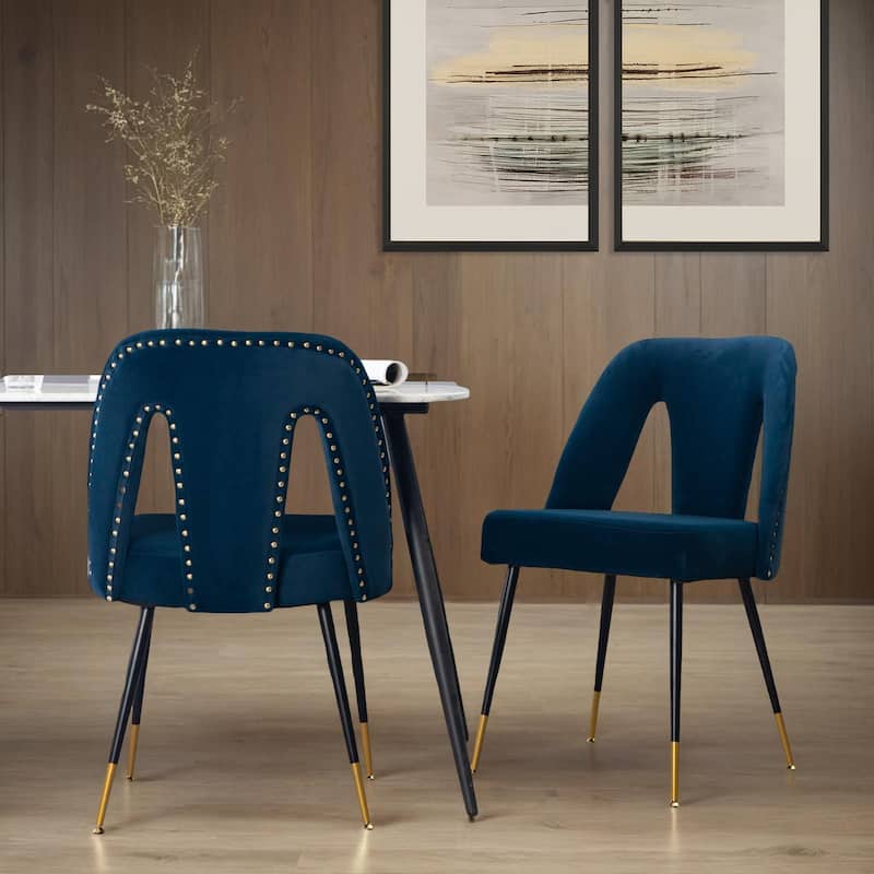 Akoya Collection Modern | Contemporary Velvet Upholstered Dining Chair with Nailheads and Gold Tipped Black Metal Legs - Blue