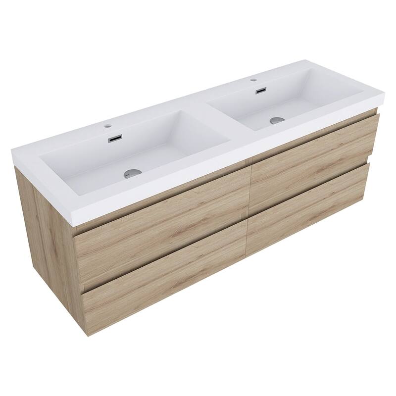 MDF Wall-Mounted Bathroom Vanity Set in Oak with Integrated Culture Marble Sink