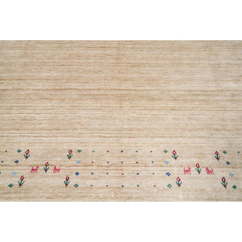 Hand Knotted Oriental Viscose Silk Carpet Tribal Animal Pictorial Beige & Ivories Gabbeh Area Rug - 11' 9'' X 8' 10''