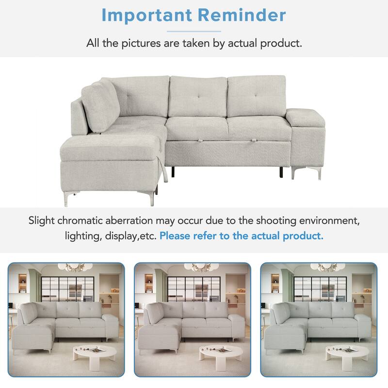 88.2" Chenille L-Shaped Sofa with Bed, Storage, Cup Holders, USB