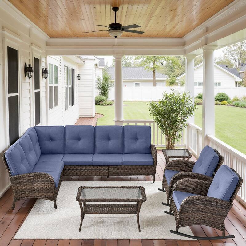 Outdoor Conversation Sofa Rocker Chair Table - Brown - Blue