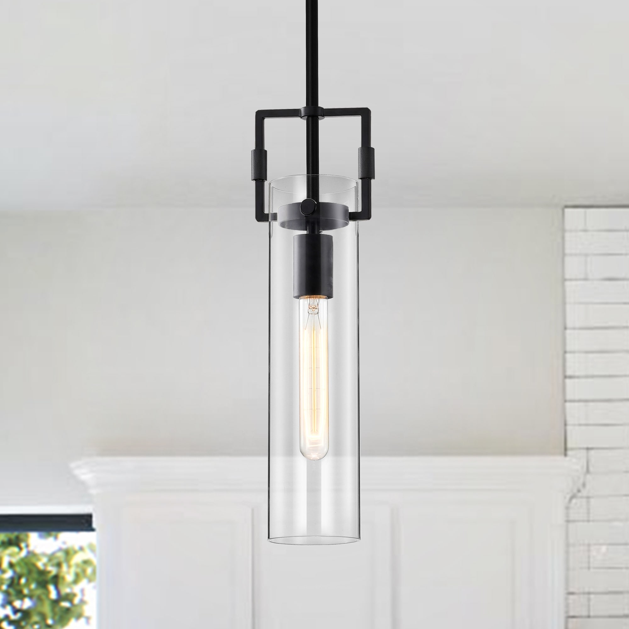 1-Light Matte Black Mini Pendant with Clear Cylindrical Glass Shade
