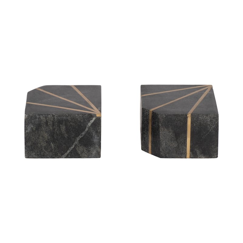 Set of 2 Marble Bookends - Contemporary White and Gold Polished Decorative Bookends - Book Display for Home or Office