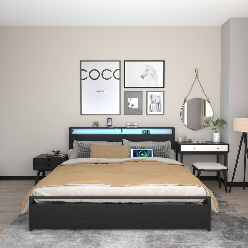 King Platform Bed Frame with LED Lights and Charging Station, 2-Tier Storage Headboard and Footboard Drawers, Noise-Free, Black