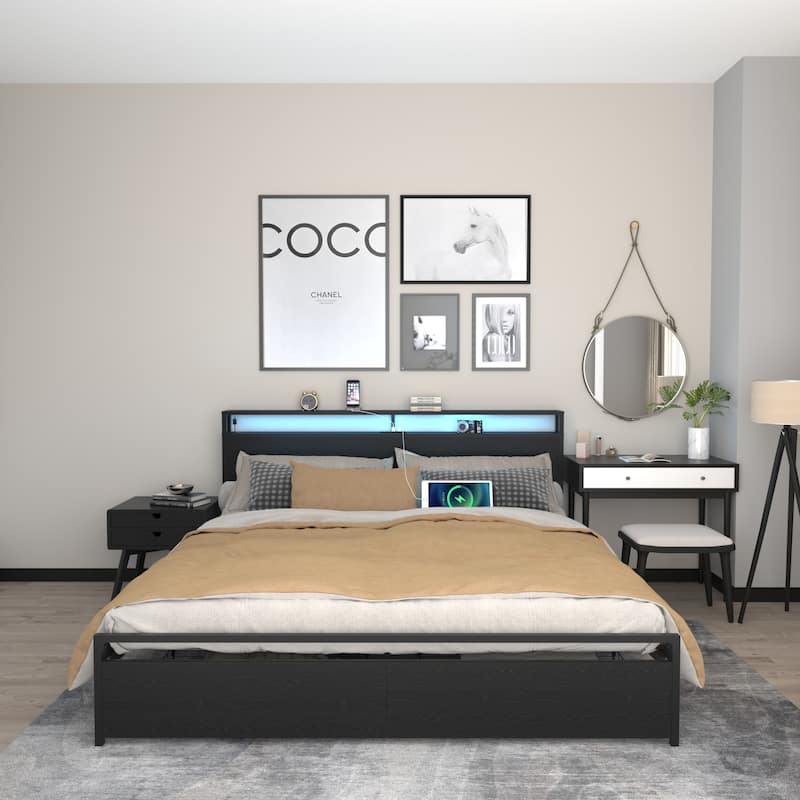 King Size Heavy Duty Metal Platform Bed with 2 Drawers, Smart LED Bed Frame, Storage Headboard with Charging Station