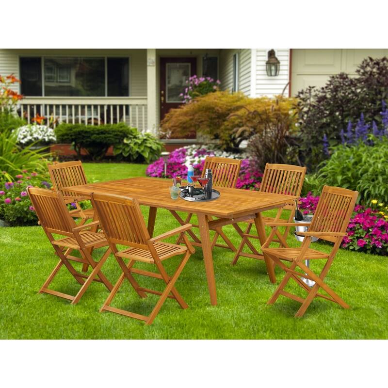 7-Piece Patio Furniture Set - Outdoor Folding Chairs & Table - Natural Oil Finish - Garden Seating - 72