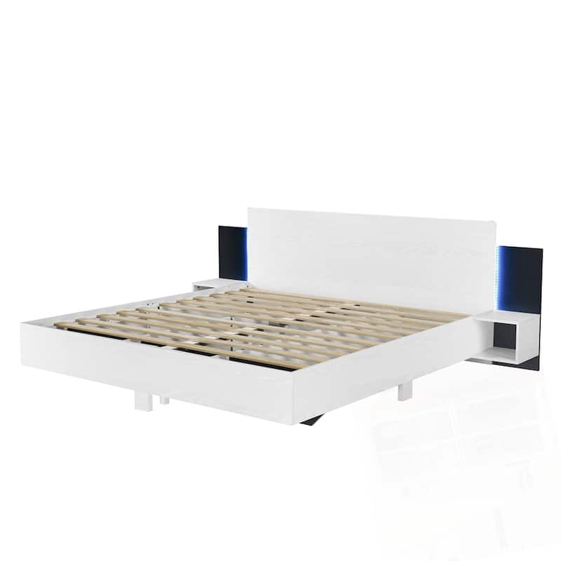 Wooden Floating Platform Bed, with LED Lights and Bedside Nightstand