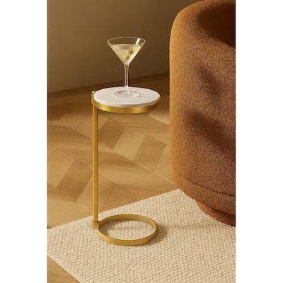 C Shaped Martini Drink Round Table with Black or Gold Metal Base, Carrara Marble or Tempered Glass top