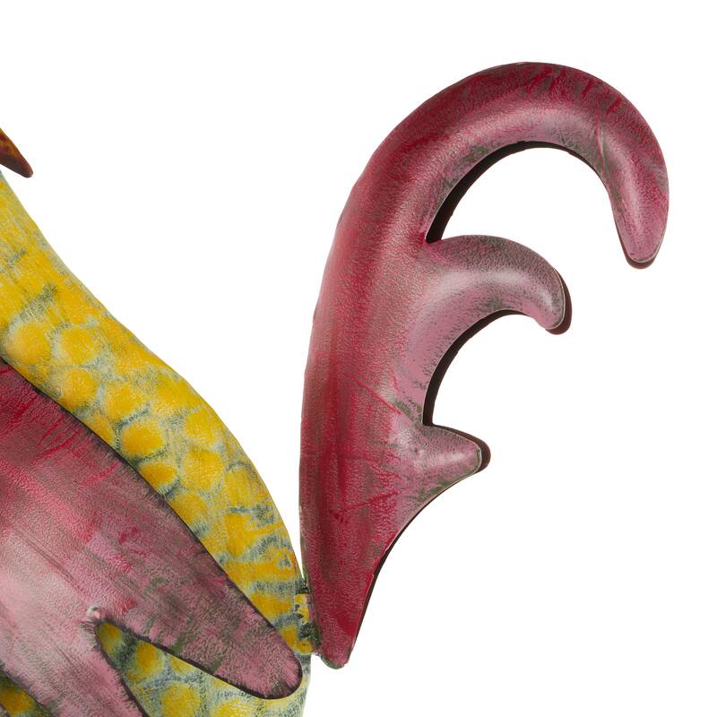 Black Metal Textured Rooster Decorative Garden Sculpture with Red Accents