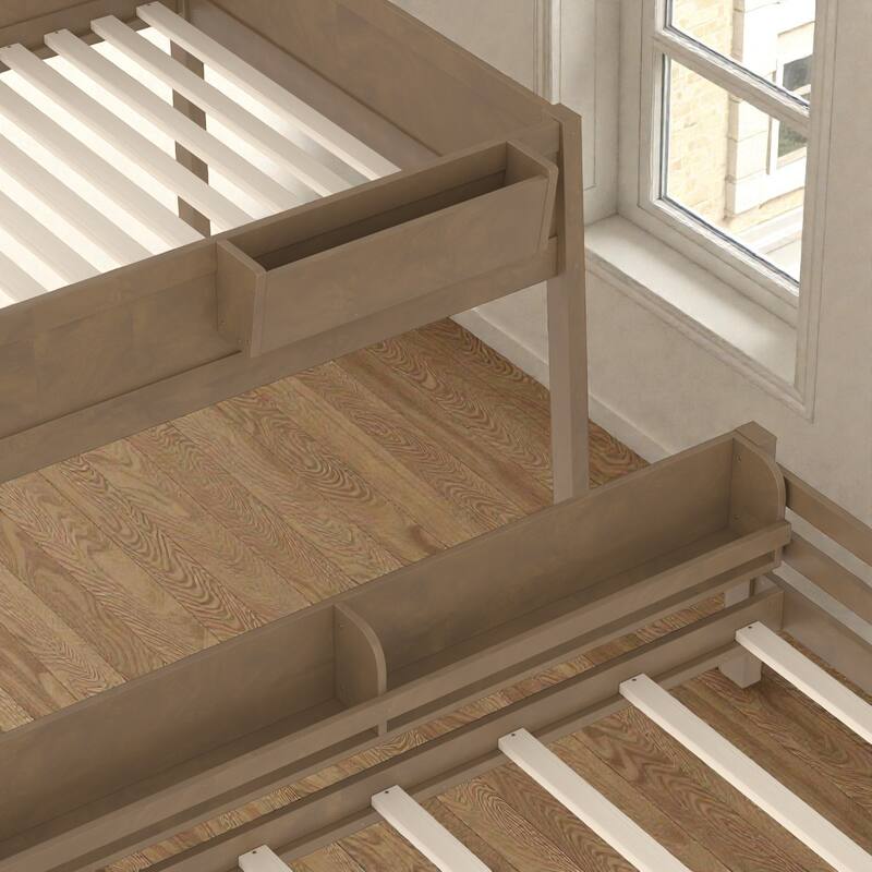 Wooden Bunk Bed Frame with Built-In Storage Shelves, Convertible to Two Beds, No Box Spring Needed
