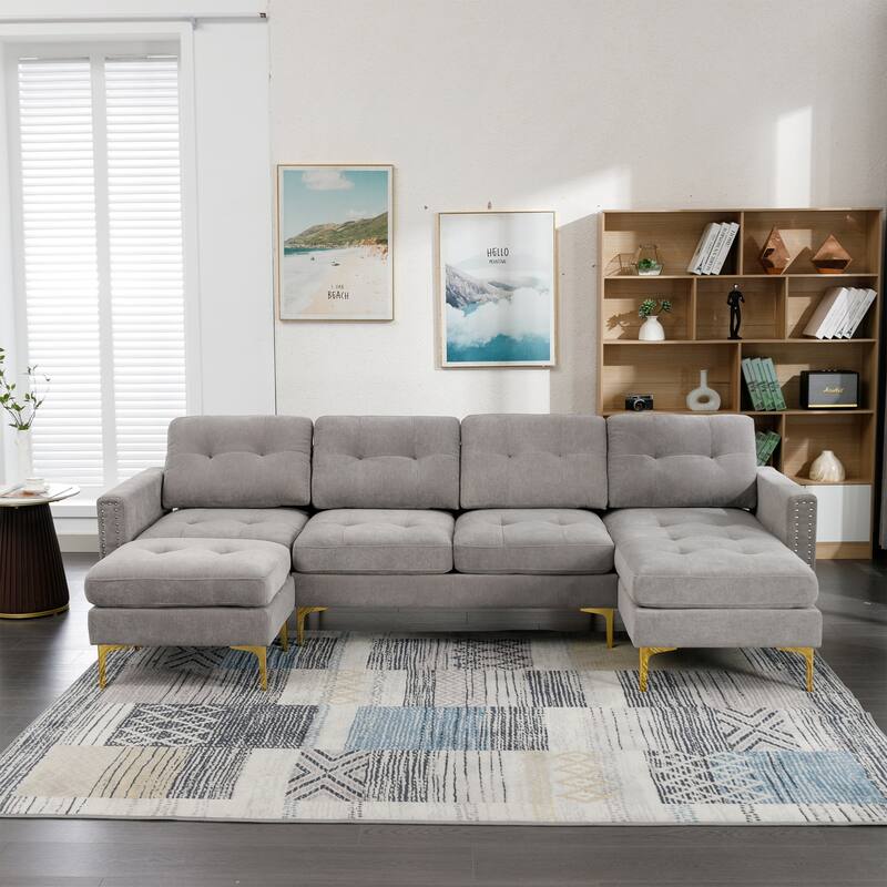 Convertible L-Shaped Velvet Sectional Sofa with Movable Ottoman and Gold Metal Legs for Living Room - LIGHT GREY