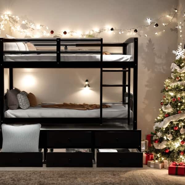 slide 2 of 12, Twin Bunk Bed with Ladder, Safety Rail, Twin Trundle Bed with 3 Drawers for Teens Bedroom, Guest Room Furniture Grey