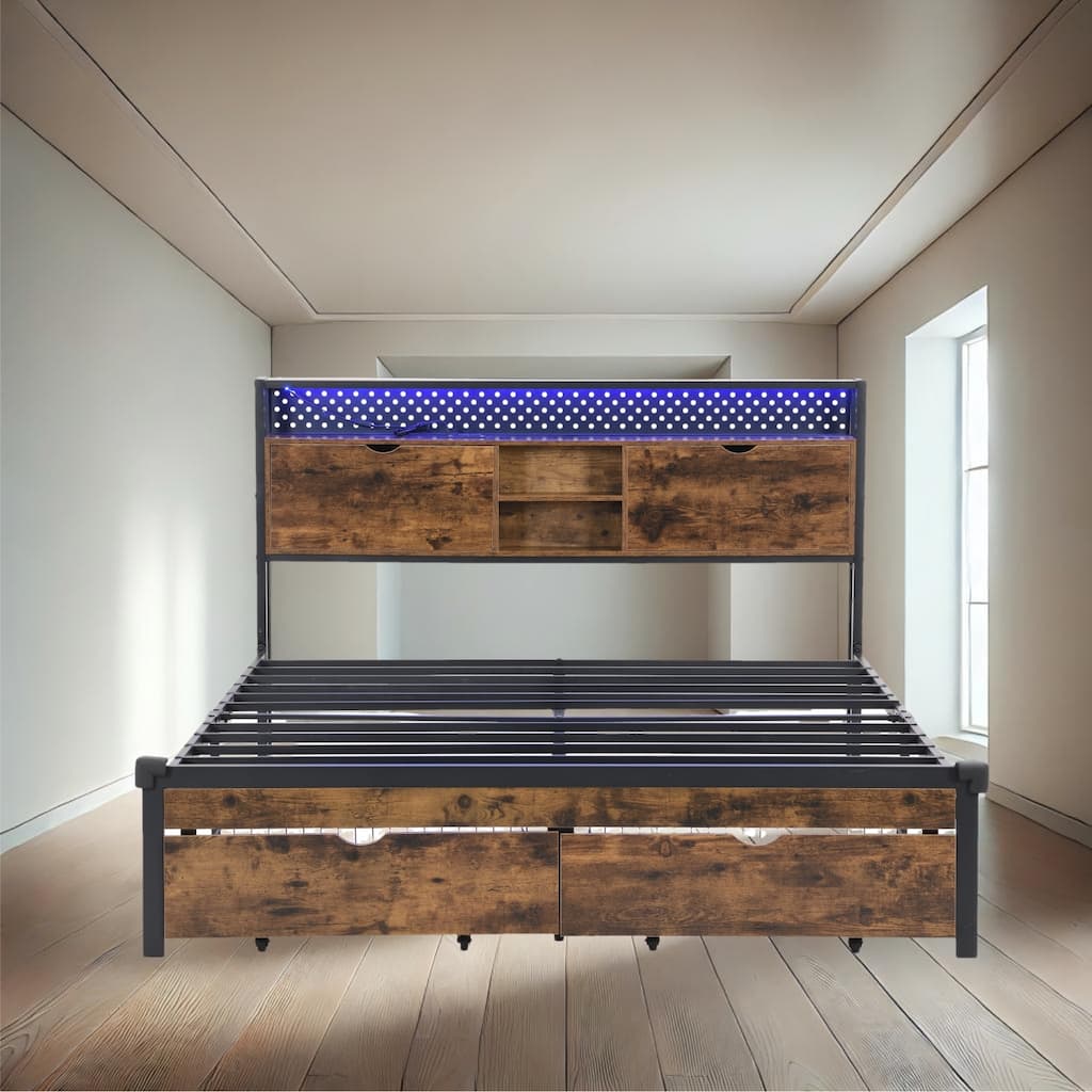 Modern Metal Platform Bed with Wooden Headboard, LED Lights, USB Charging & Under-Bed Storage