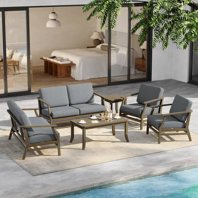 6-Seat Outdoor Teak Wood Patio Conversation Set with Cushions Tables - NaturalFrame-Grey