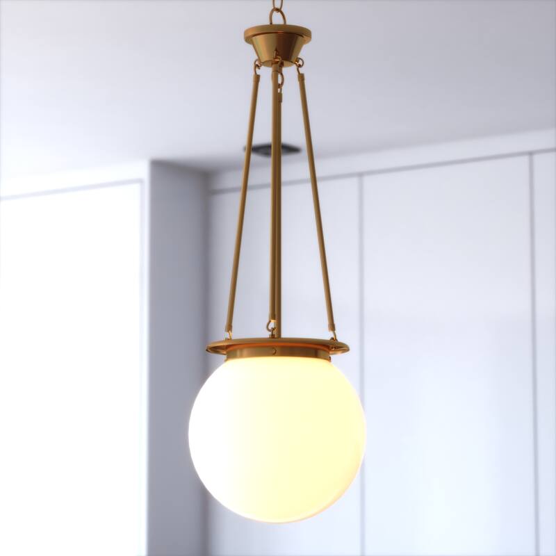 VAXCEL Kent 1-Light 11.75 in. Wide Globe Mini Pendant with White Frosted Opal Glass Shade, Hanging Ceiling Fixture - Muted Brass - 11.75-in W x 34.75-in H x 11.75-in D