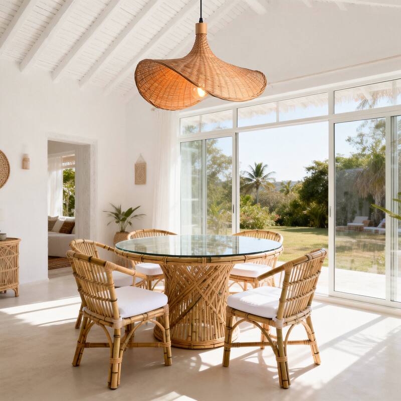 20" Boho Natural Bamboo Handmade Adjustable Pendant Light Chandelier for Dining Room