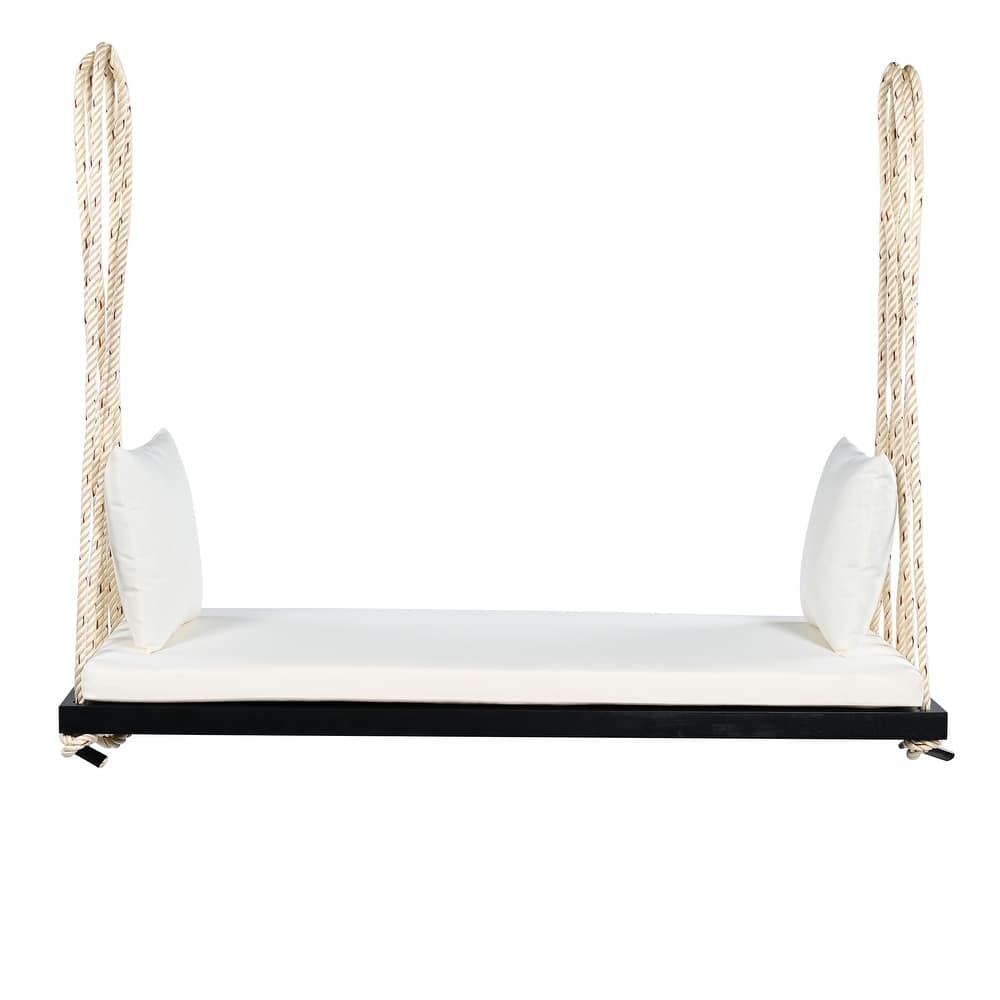 Acacia Wood Swing Chair, Hanging Porch Bench with Cushion & Pillows, 400lb Capacity & 10.8ft Ropes