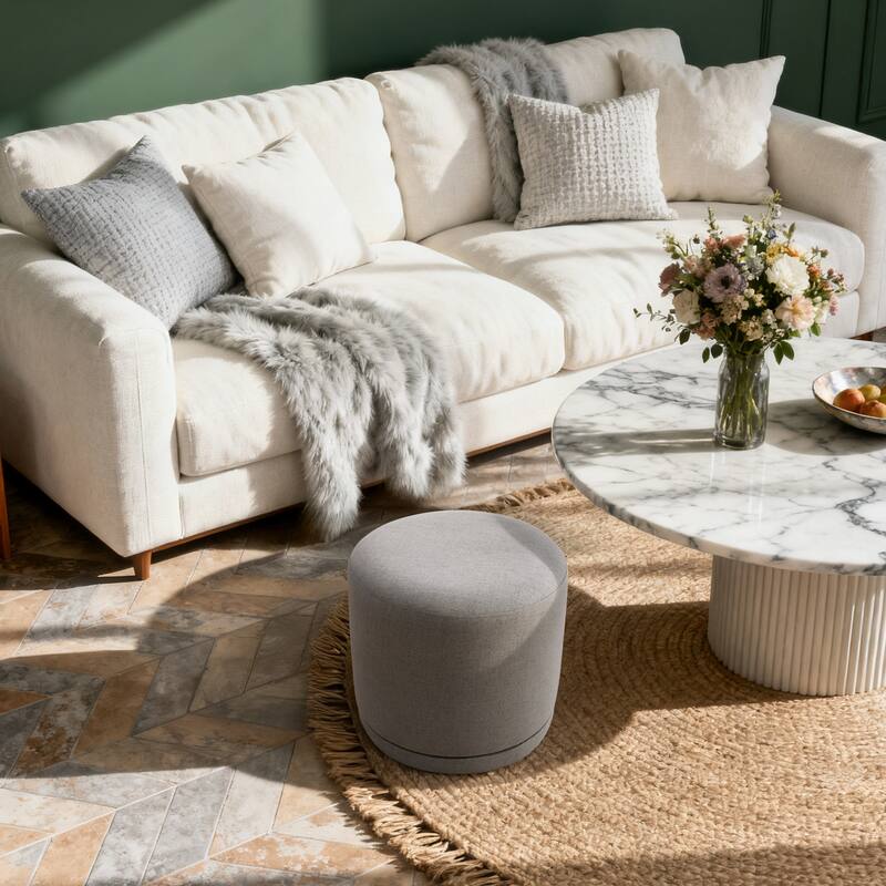 Fully Assembled Linen Round Swivel Ottoman Footstool with Acacia Hardwood Frame