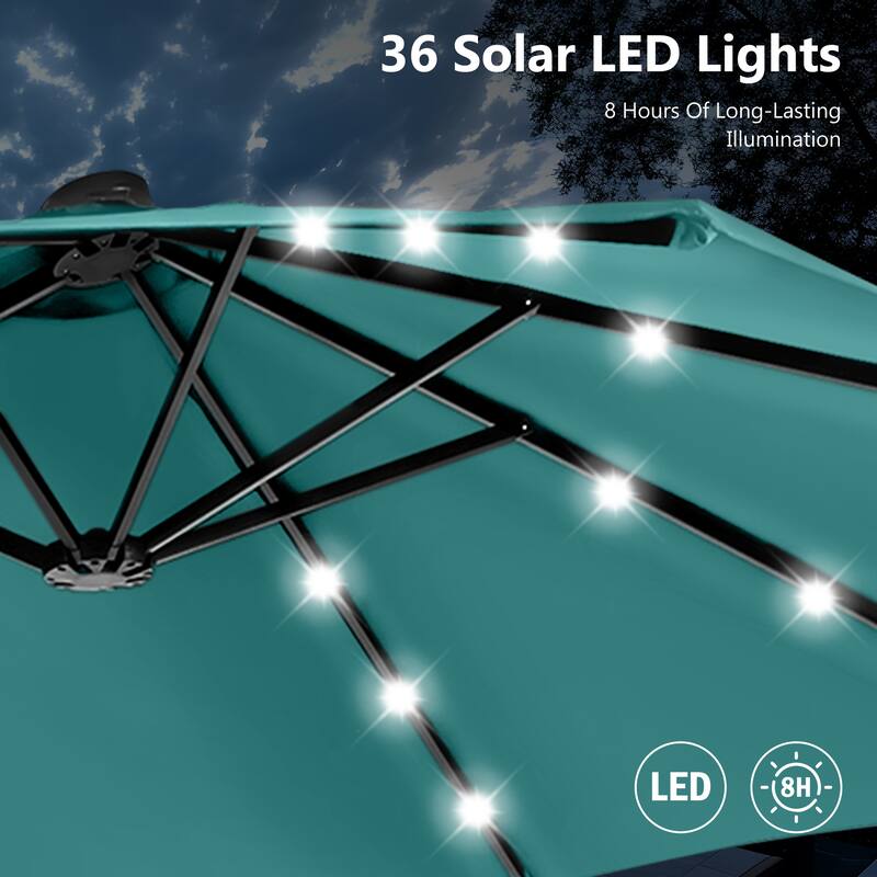 MAISON ARTS 15-foot Rectangular Crank Double-sided Outdoor Market Umbrella Solar LED Lighted Patio Umbrella with Base Included