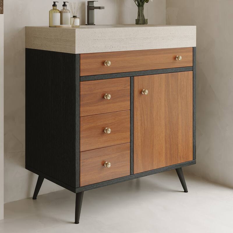 Mid-Century Modern Free-Standing Bathroom Vanity with Ceramic Sink & Sintered Stone Top