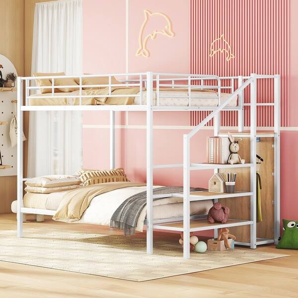slide 2 of 42, Metal Bunk Bed with Lateral Storage Ladder and Wardrobe for Kids, Boys and Girls Full over Full - White