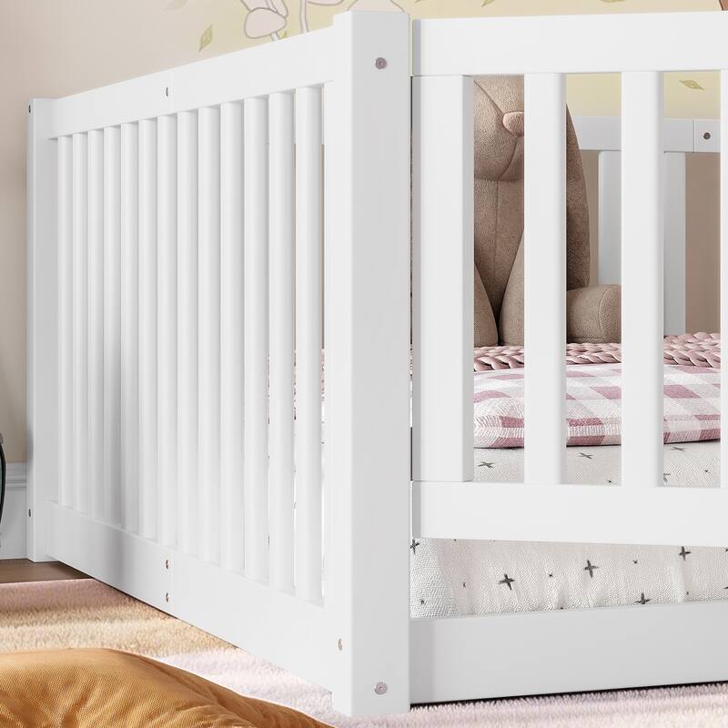 Montessori Floor Bed with Safety Guardrails & Door, Kids Low Profile Frame, Available in Queen/Full/Twin