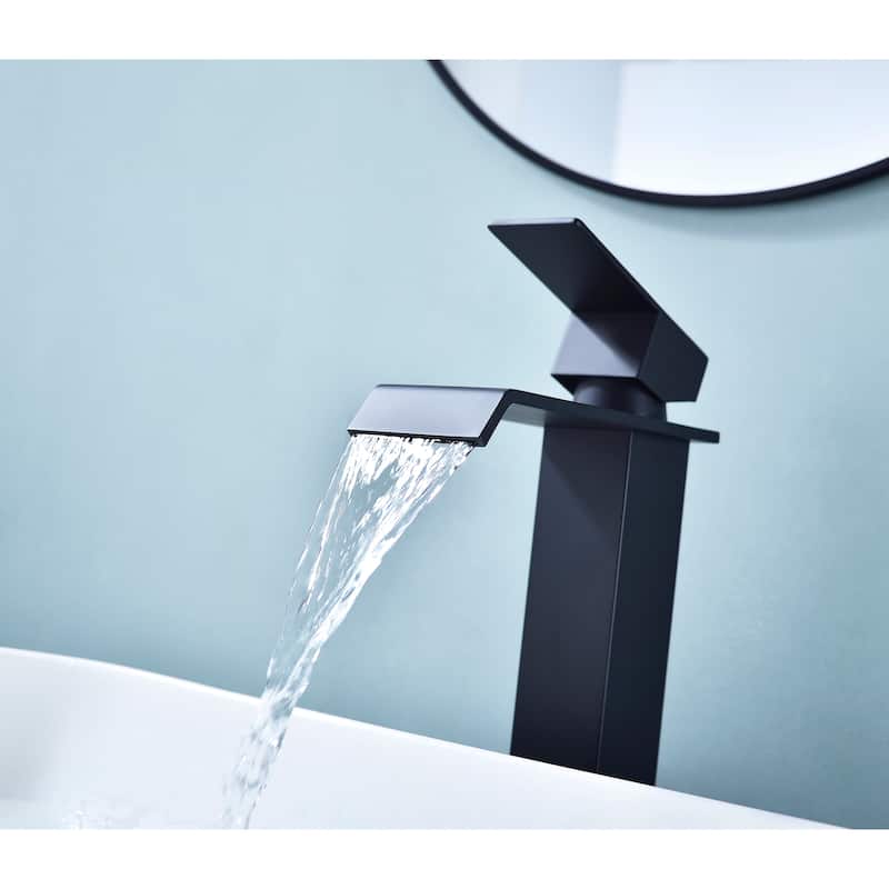 Waterfall Bathroom Sink Single Handle Faucet with Pop Up Drain, No Overflow, Corrosion and Rust Resistant