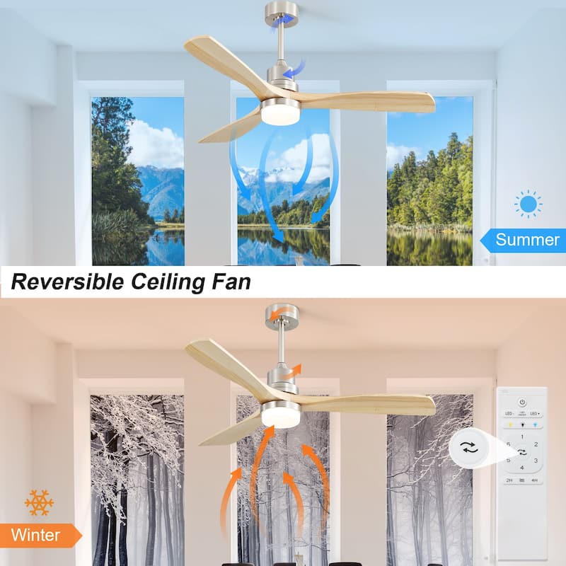 52" Solid Wood Noiseless 3-Blade Ceiling Fans with Dimmable LED Light Optional and Remote, 6-Speed Reversible DC Motor