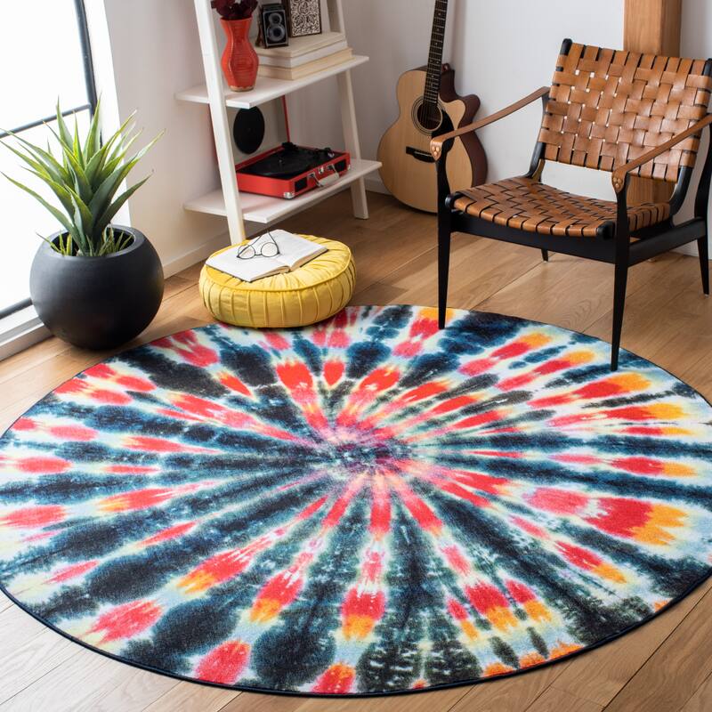 SAFAVIEH Paint Brush Machine Washable Slip Resistant Tawnee Tie - 6'7" x 6'7" Round - Black/Coral - Runner/Round