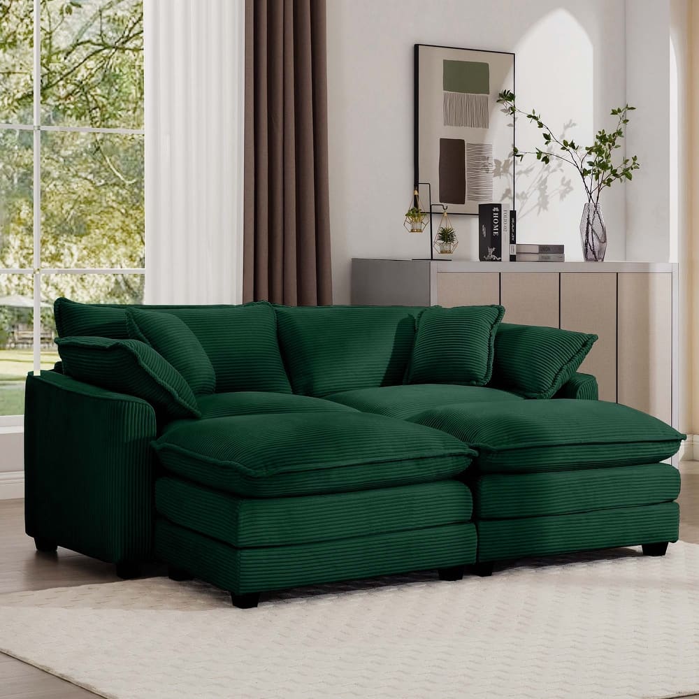 2-Seater Corduroy Upholstered Sofa Set with 2 Ottoman and Removable Armrests for Livingroom