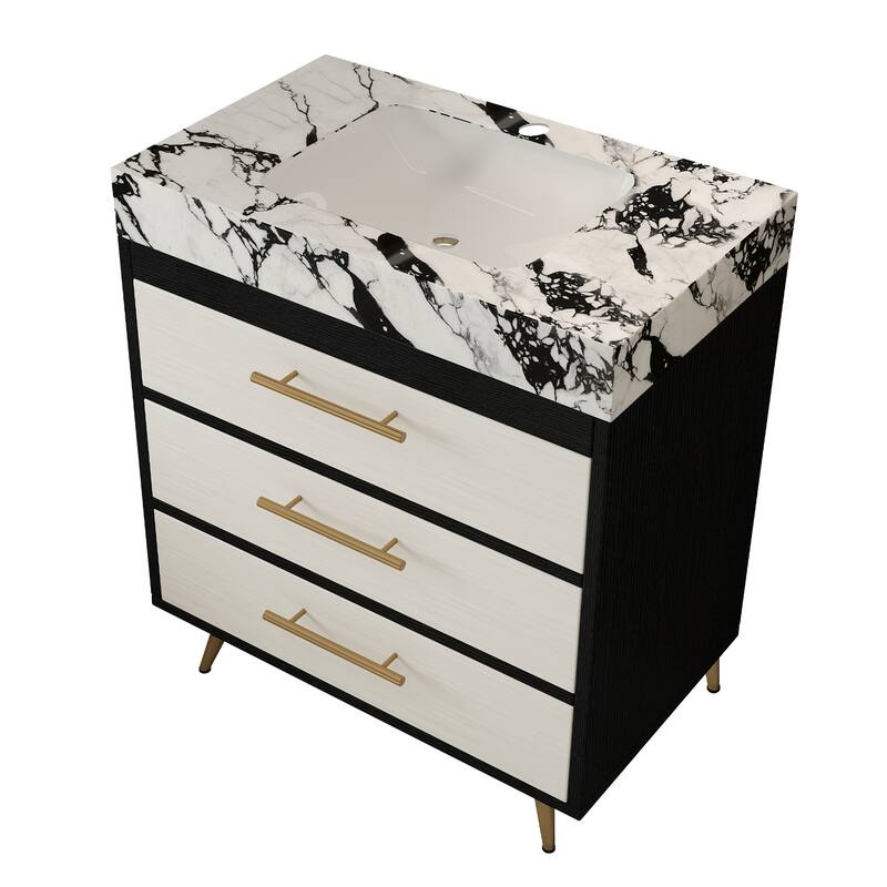 GDFStudio - Athens Modern 29.9" Freestanding Bathroom Vanity with Sintered Stone Top, Ceramic Vessel Sink & Stainless Steel Legs