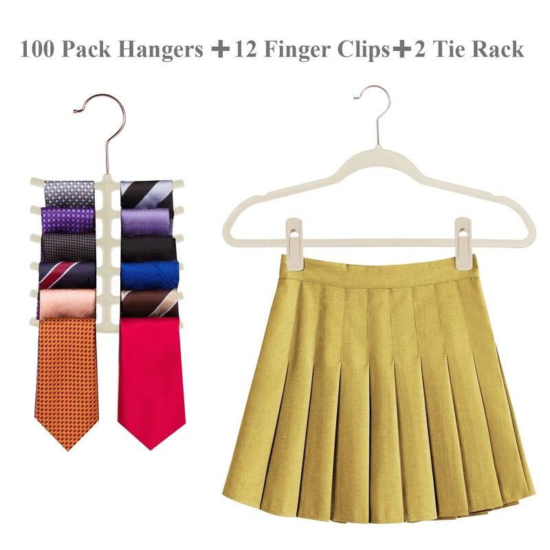 Javlergo 50/100 Pack Velvet Hangers, Heavy Duty Non Slip & Space-Saving Cloth Hangers with 6 Finger Clips & Tie Rack
