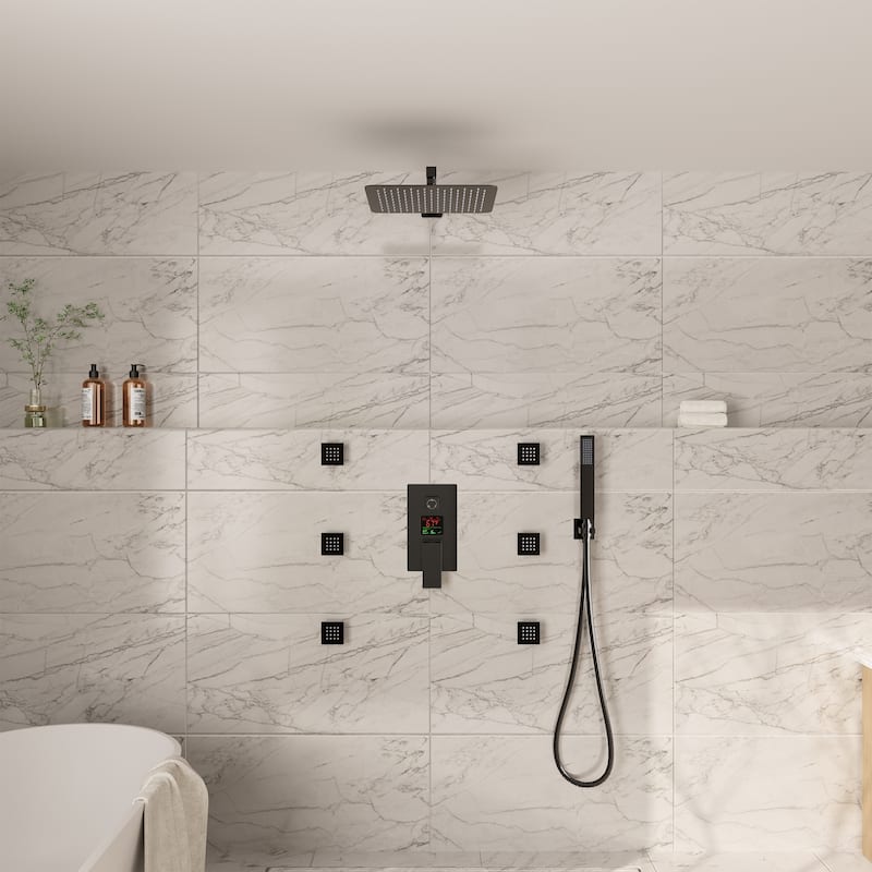 Pressure-Balanced 3-Spray 12 in. Wall Mount Shower System with Handheld Shower Head and 6 Body Jets - 12" x 12"