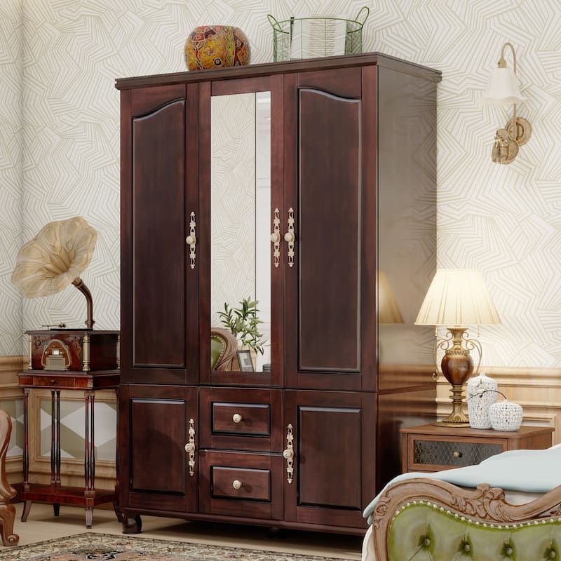 100% Solid Wood Walnut Armoire Wardrobe Closet with Drawers and Hanging Rod, Farmhouse Style 3-Door Wardrobe Closet with Mirror