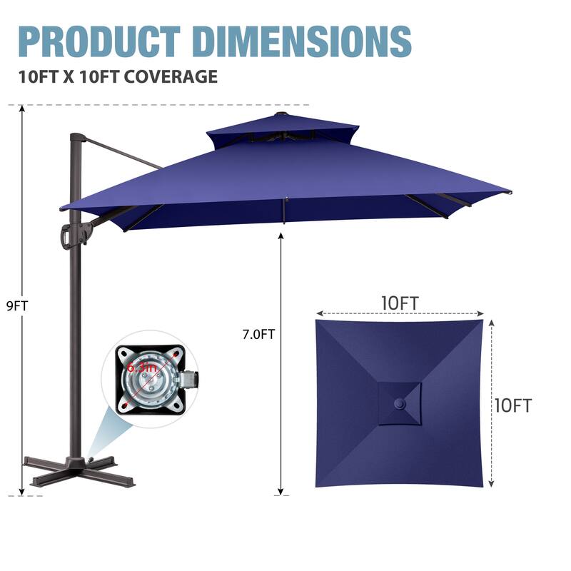 VredHom Double Top 10x10 FT Square Patio Cantilever Umbrella with Cross Stand