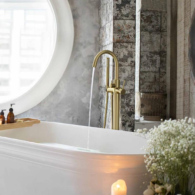 Circular Single Handle Floor Mounted Freestanding Tub Filler With Hand Shower
