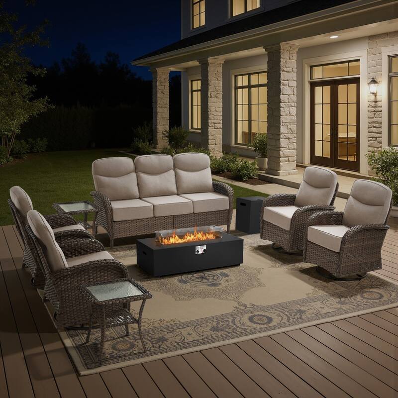 Luna 8-Piece Wicker Outdoor Patio Fire Pit Sofa Set with 6-Inch Thick Cushions - Beige Cushions - Brown Wicker