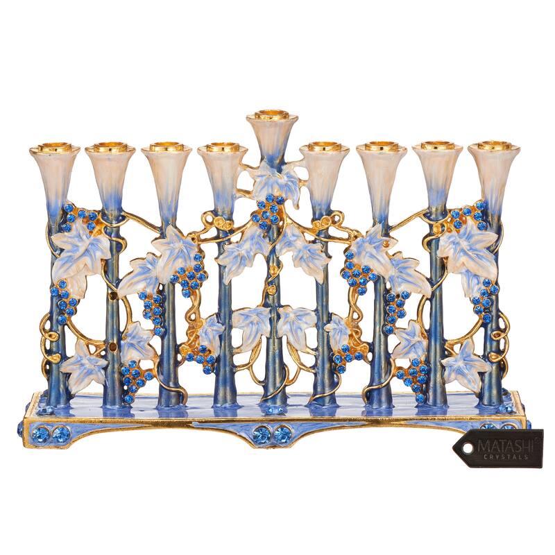 Hand Painted Blue & Ivory Tulip Menorah Candelabra - N/A