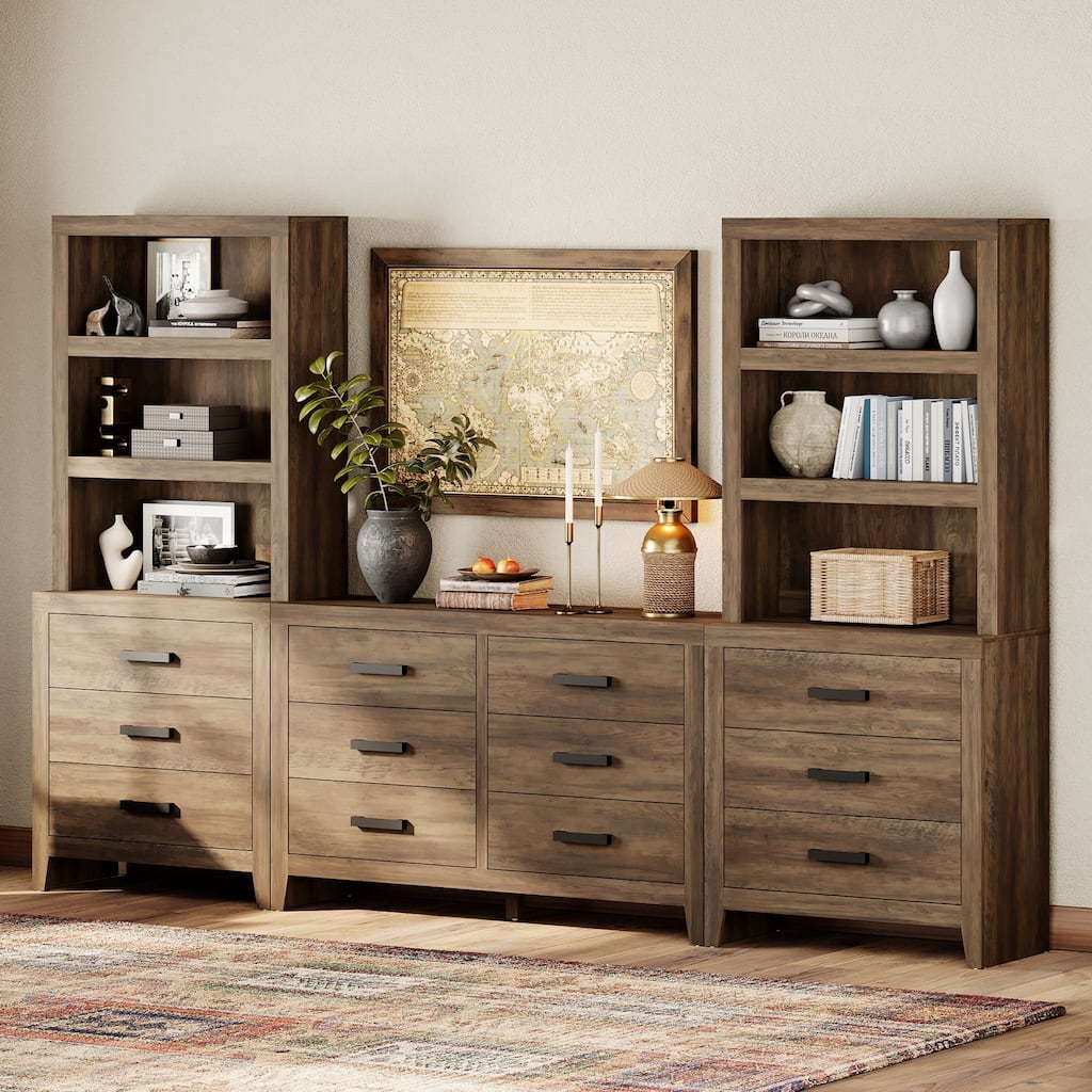 WAMPAT Farmhouse Entertainment Center with Bookshelves, Media Console & Storage Drawers