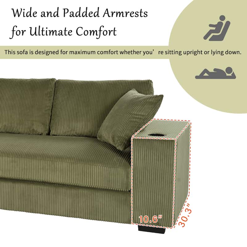 111.5" Corduroy Sectional Sofa Oversized 3 Seat L Shaped Sofa with 2 Built-in Cup Holders and Charging Ports