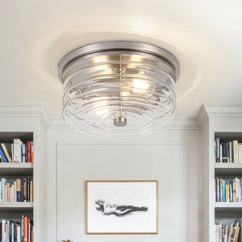 Contemporary 2-Light Round Glass Drum Flush Mount 9.8in