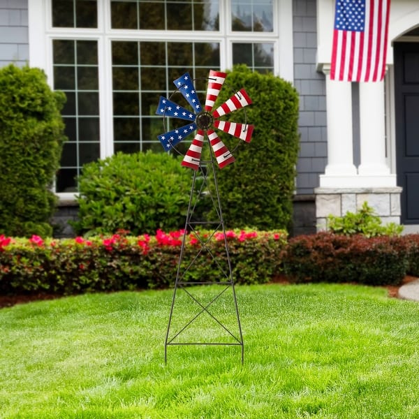 slide 2 of 9, Glitzhome 41.25"H Stars & Stripes Metal Wind Spinner Wall decor Yard Stake