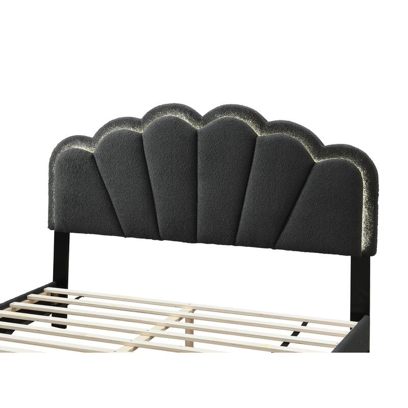 Queen Size Wool Upholstered Platform Bed Frame with Floral LED Headboard for Modern Bedrooms, Box Spring Not Required