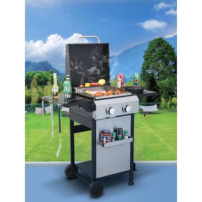 2-Burner Propane Gas BBQ Grill, SS Plancha, 24600BTU Output With Wire Enamel Cooking Grids For Outdoor Barbecue