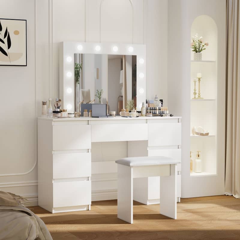 Large White Vanity Tables with Mirror and Light