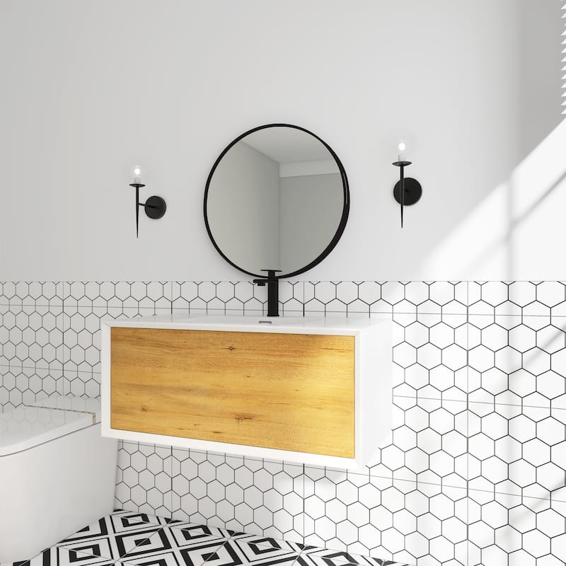 Wall-Mounted 1-drawer Bathroom Vanity Set in White and Oak with Integrated Solid Surface Sink