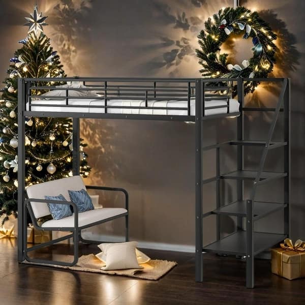 slide 2 of 16, Twin Size Metal Loft Bed with Bench and Storage Staircase, Black Black