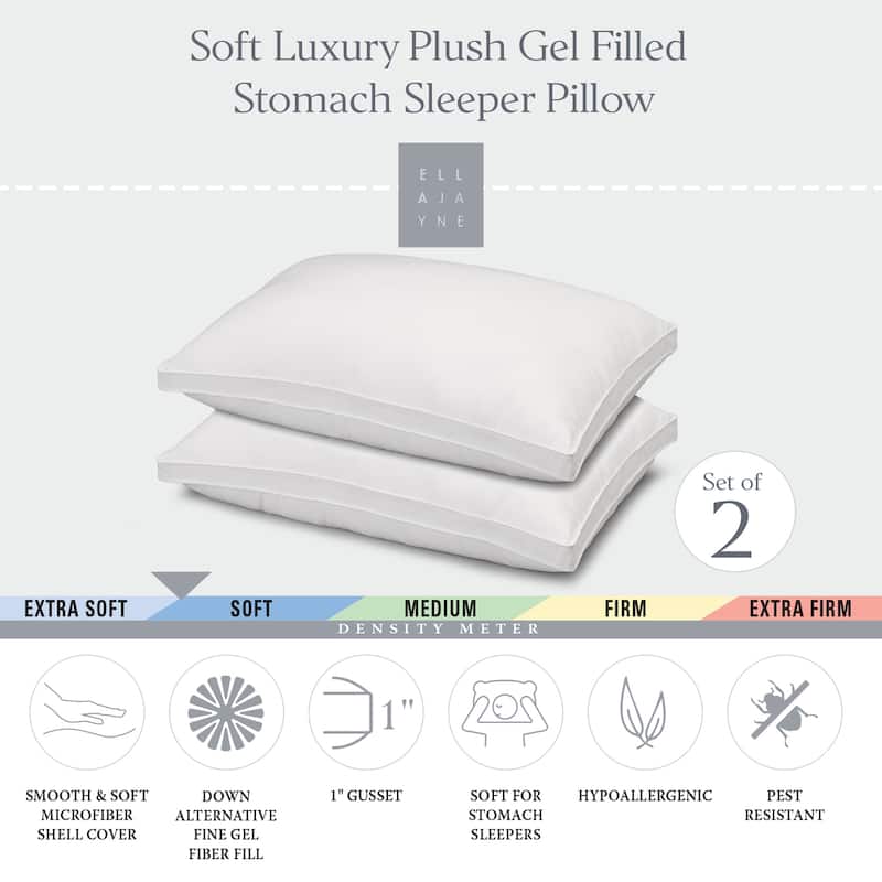 Ella Jayne Overstuffed Luxury Plush Med/Firm Gel Filled Side/Back Sleeper Pillow. Set of 2
