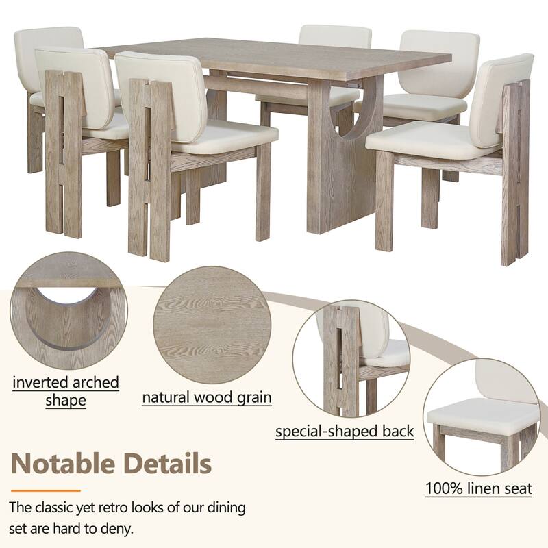Vintage 7-Piece Dining Set, Rectangular Table with Trestle Base & 6 Upholstered Chairs
